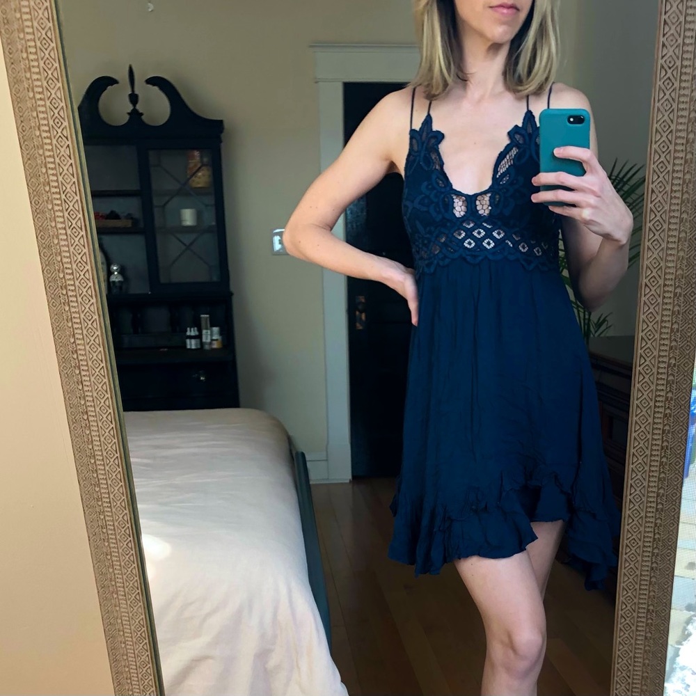 Free People Adella Slip Dress Navy NWOT